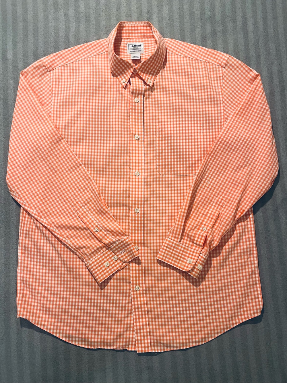 L.L. Bean Men's Orange and White Gingham Button-Down Shirt